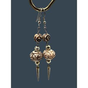 Boho Tribal Dangle Earrings Carved Beads & Gold Silver Toned Accents 3" Brown
